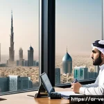Home 18 기업가치평가사 자산 가치 산출 방법 - A sophisticated corporate office environment in a modern Middle Eastern city, featuring a diverse gr...
