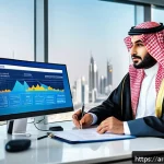 Home 21 기업가치평가사 관련 자료 및 강의 - A professional Middle Eastern financial analyst in a modern office setting, analyzing company valuat...