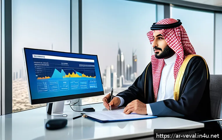 기업가치평가사 관련 자료 및 강의 - A professional Middle Eastern financial analyst in a modern office setting, analyzing company valuat...