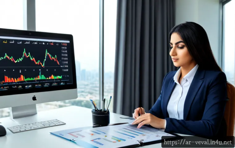 기업가치평가사 금융 시장 동향 - Photorealistic Middle Eastern corporate valuation analyst in modest professional business attire stu...