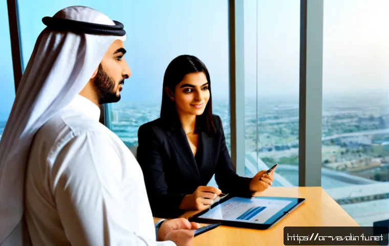 기업가치평가사 기업 전략 분석 - Photorealistic corporate valuation analyst in a modern Gulf-region office, a modestly dressed Arab b...
